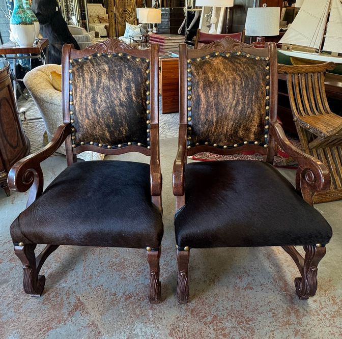 PAIR Wood/Cowhide Arm Chairs 25x28x44