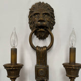 PAIR Vintage Maitland-Smith Bronze Lions Head Wall Sconces 27"Hx13.5W