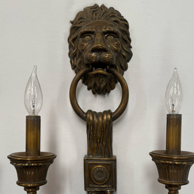 PAIR Vintage Maitland-Smith Bronze Lions Head Wall Sconces 27"Hx13.5W