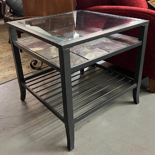 Indoor/Outdoor Glass Top Side Table W/Slate Tile Shelf 26x26x25
