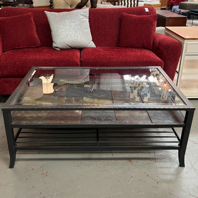 Indoor/Outdoor Glass Top Coffee Table W/Slate Tile Shelf 48x32x19