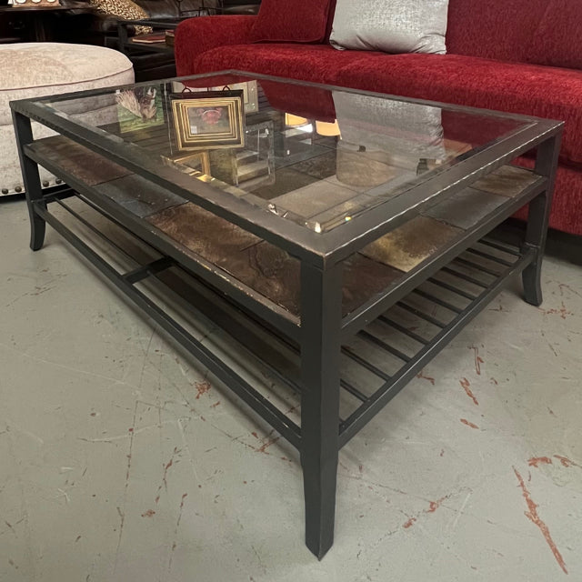 Indoor/Outdoor Glass Top Coffee Table W/Slate Tile Shelf 48x32x19