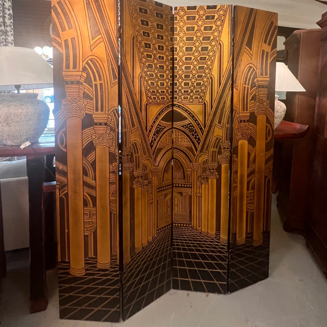 Vintage 4-Panel Black & Gold Wood Screen Scene from the Pantheon 5'4"Wx7'H  AS I